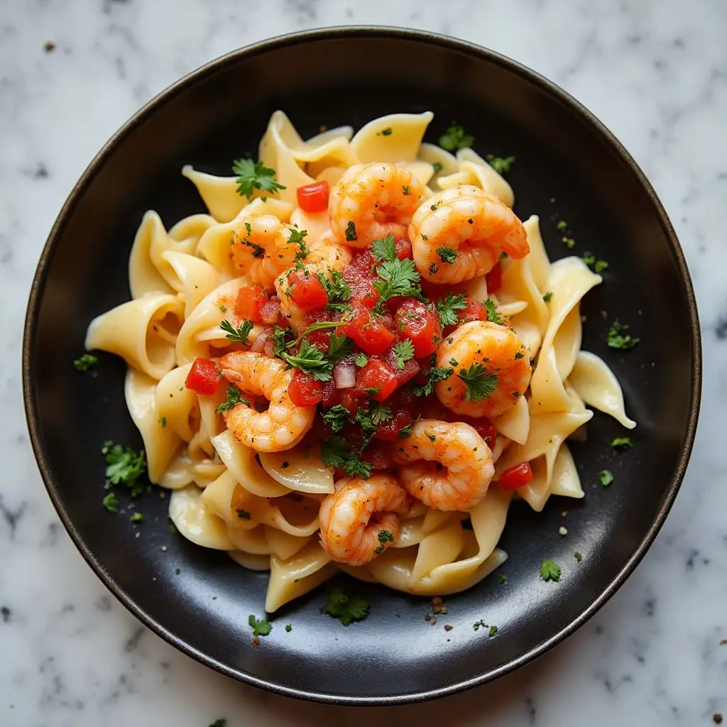 creamy shrimp and pasta with pico de gallo