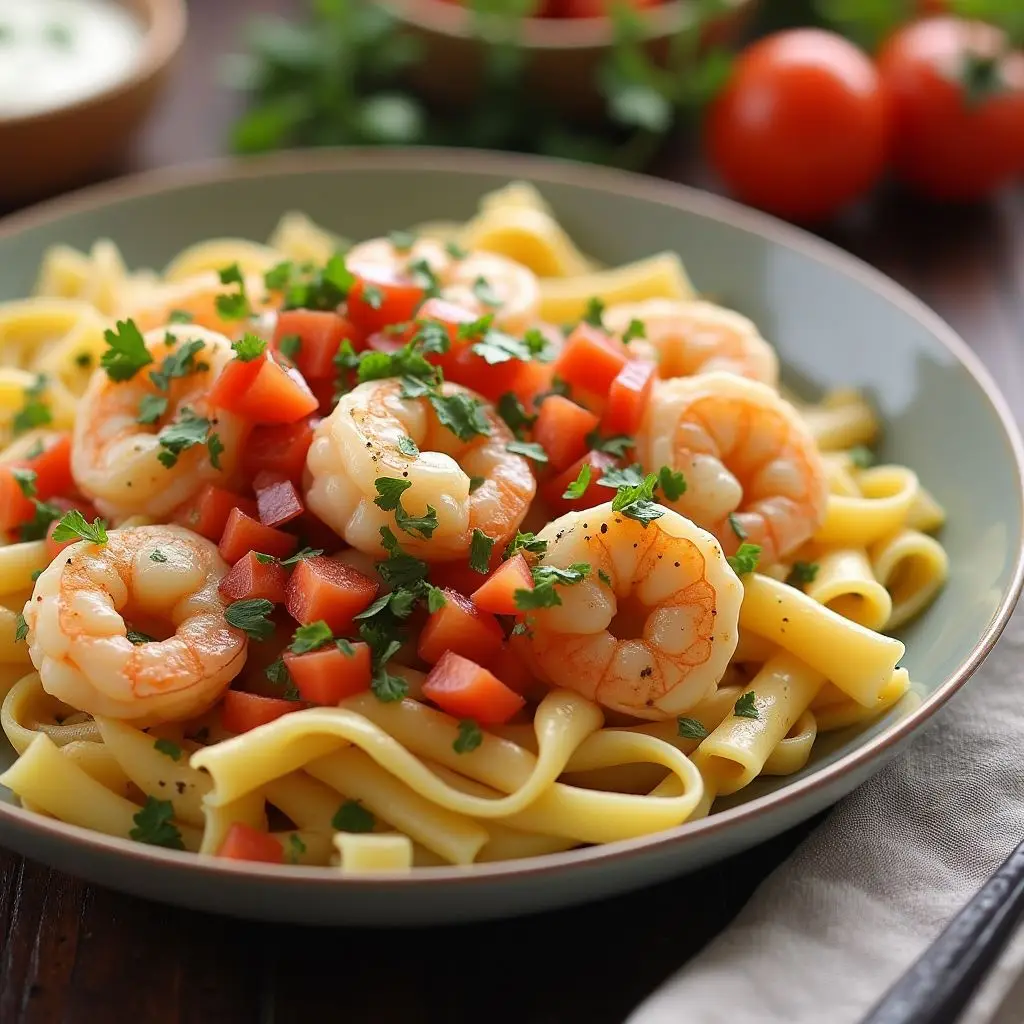 creamy shrimp and pasta with pico de gallo