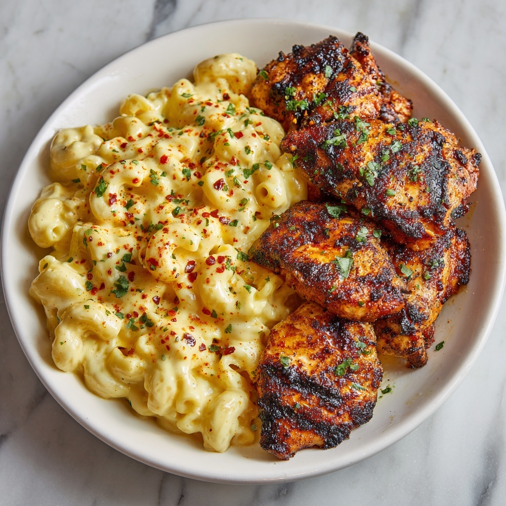 Sweet and Spicy Honey Pepper Chicken with Creamy Macaroni Cheese Recipe - Recipe Image