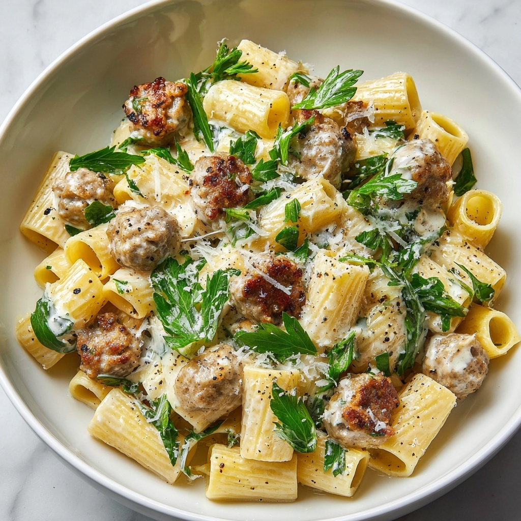 Garlic Sausage Alfredo Rigatoni Recipe - Recipe Image