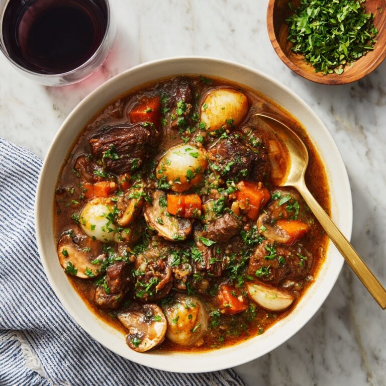 Red Wine Beef Stew with Bacon and Vegetable Topping Recipe