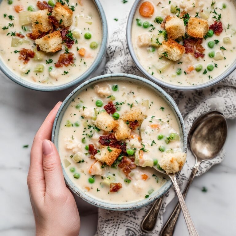 Creamy Chicken Noodle Soup with Mini Croutons and Crispy Bacon Recipe