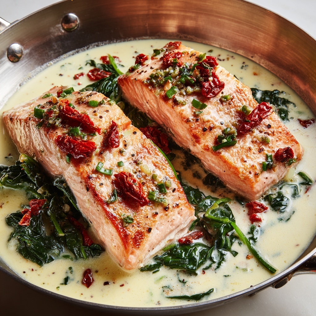 Creamy Garlic Butter Tuscan Salmon Recipe - Recipe Image