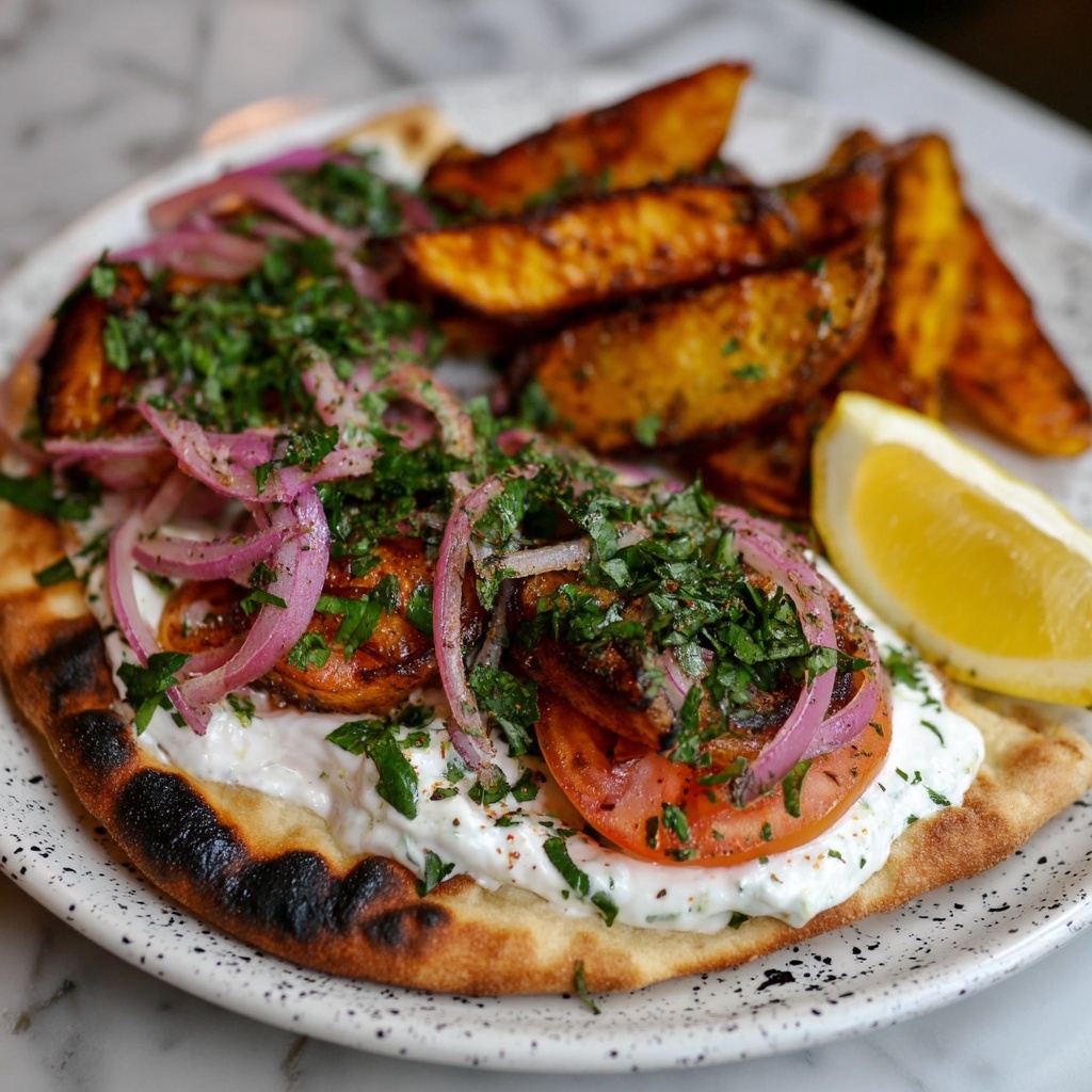 Gyros Smashed Tacos with Tzatziki, Tomatoes, and Sumac Onions Recipe - Recipe Image