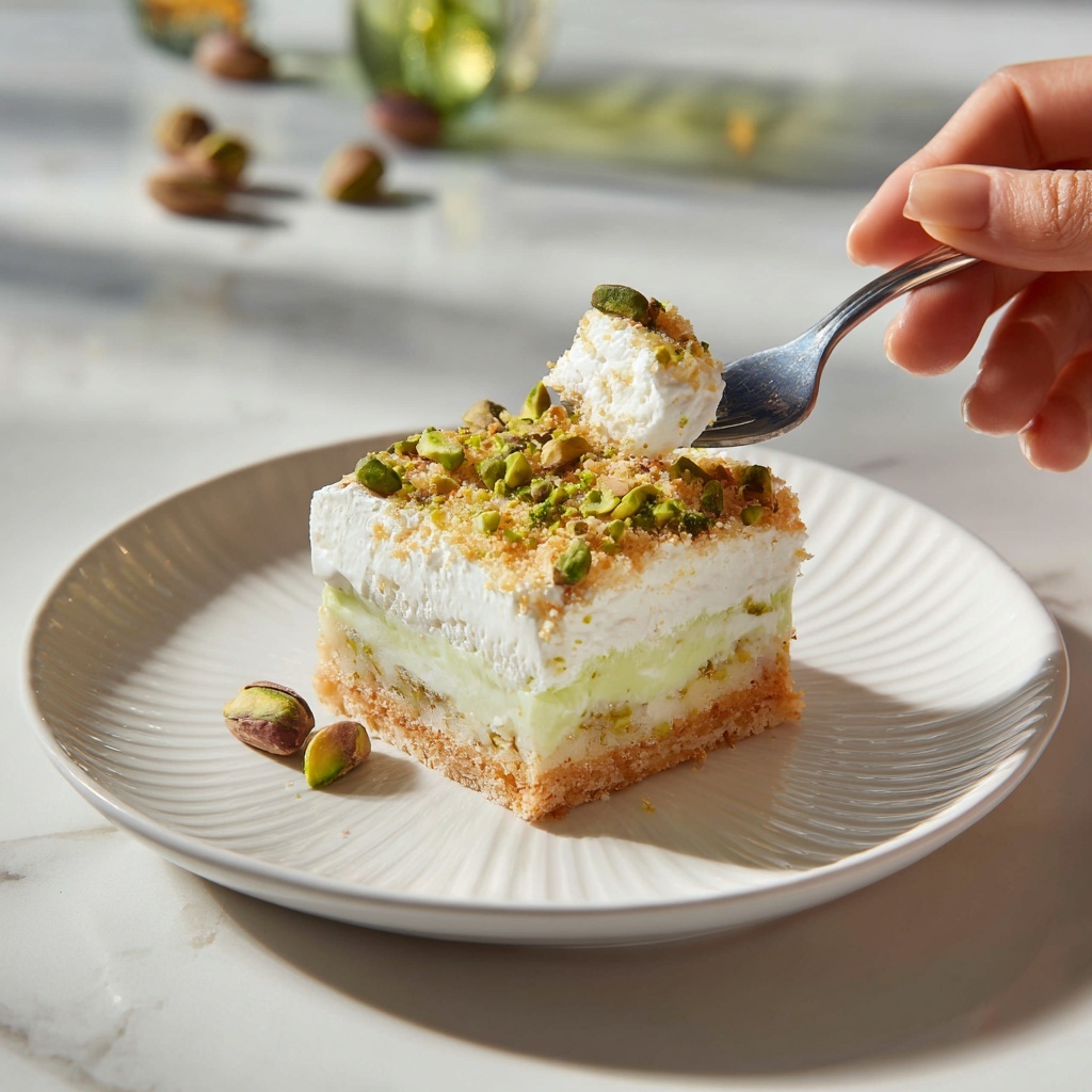 Pistachio Layered Dessert with Graham Cracker Crust and Cream Cheese Recipe - Recipe Image