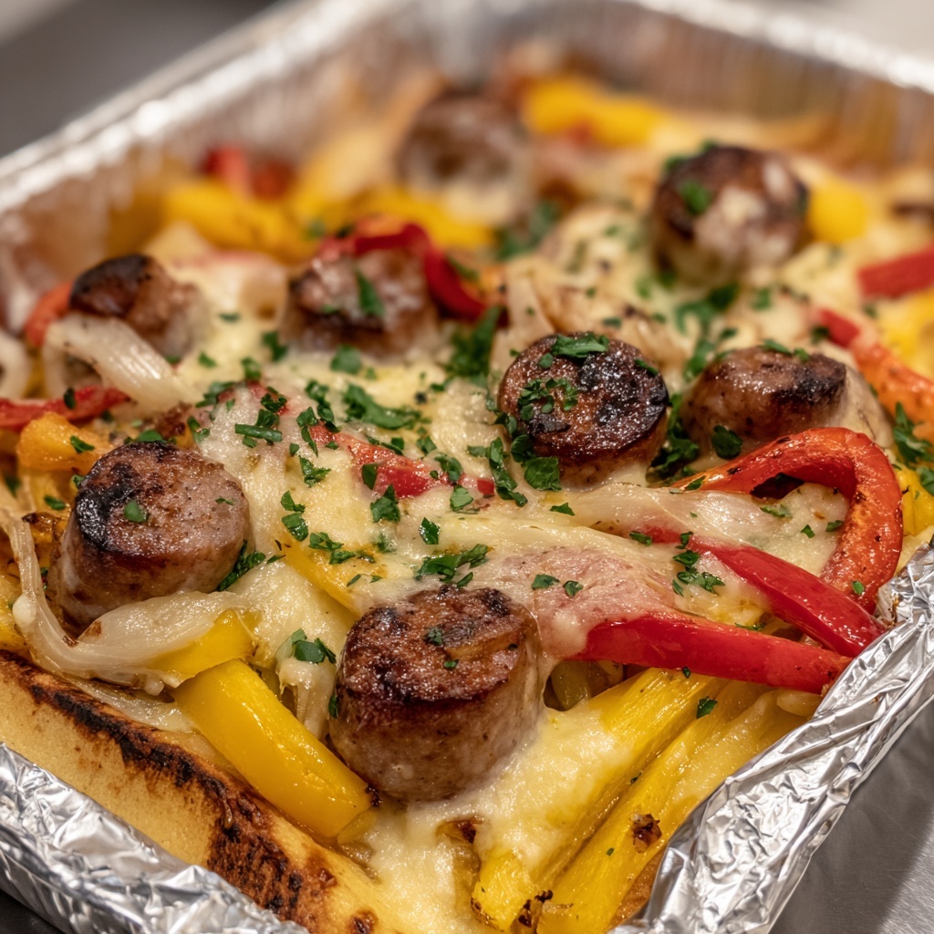 Foil Packet Cheesy Sausage and Peppers Recipe - Recipe Image