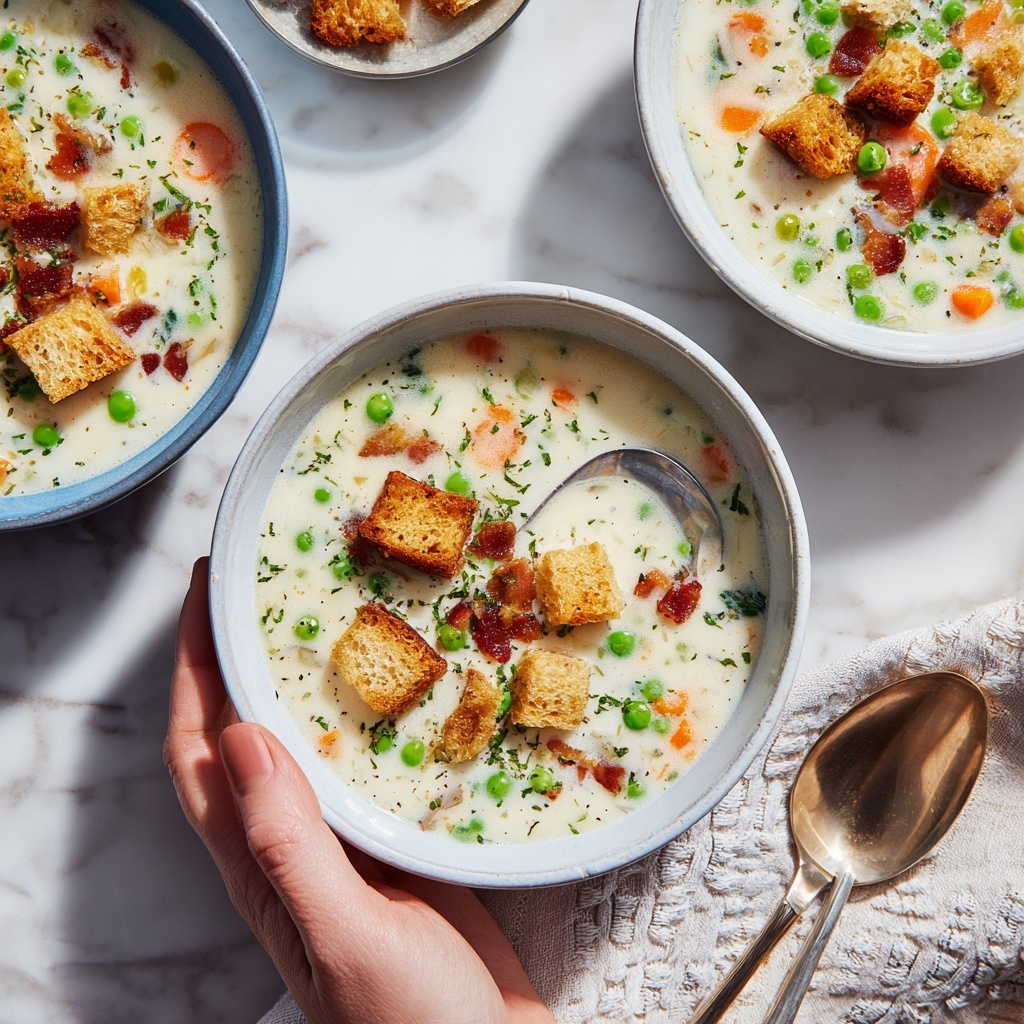 Creamy Chicken Noodle Soup with Mini Croutons and Crispy Bacon Recipe - Recipe Image